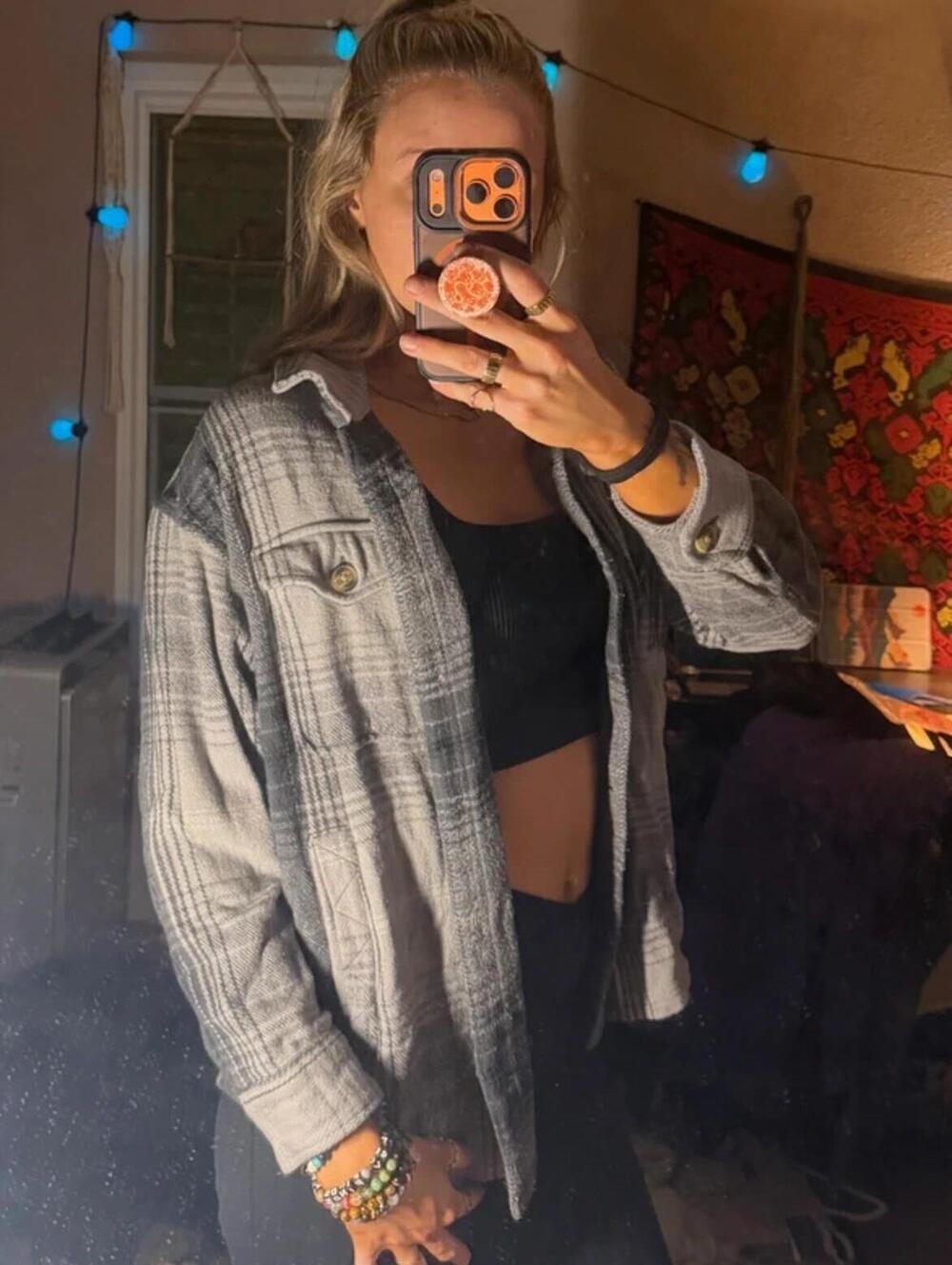 Aerie Gray Plaid Oversized Shacket Size Small Petite Fleece Flannel Shirt Jacket